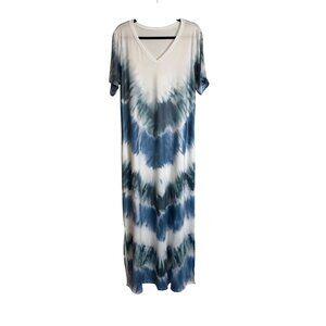 Boho M Tie-Dye Blue Beach Swim Coverup Maxi Dress V-Neck Short Sleeve Blue/White
